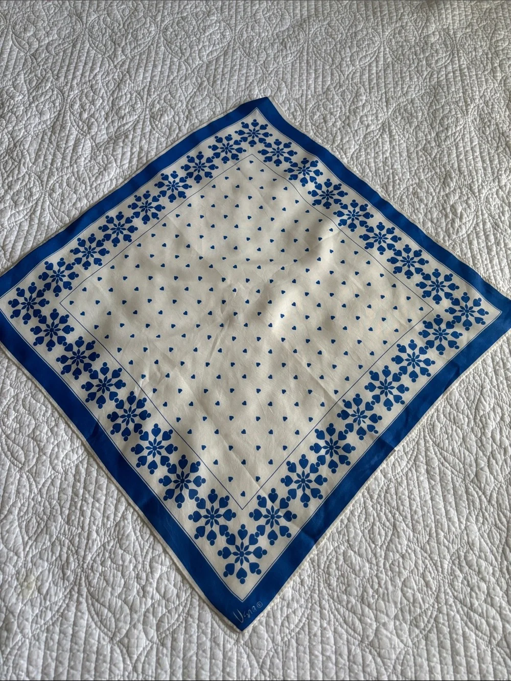 Vintage Vera Neumann Square Blue & White Floral Heart Scarf Silk Rayon?
